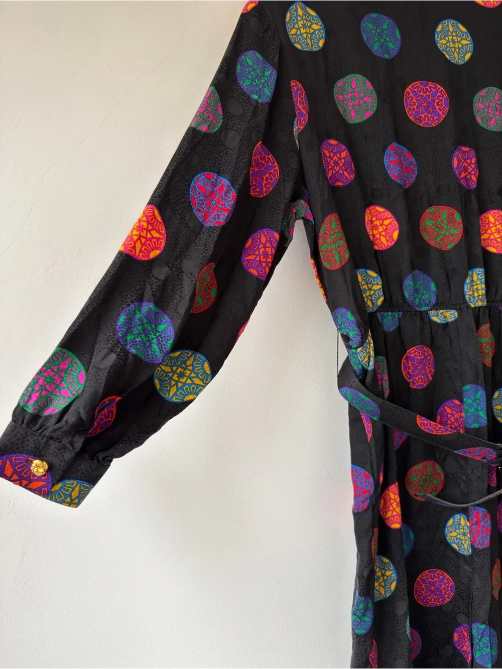 Vintage Women's Black Dress with Multicolor Circle Print 100% Silk